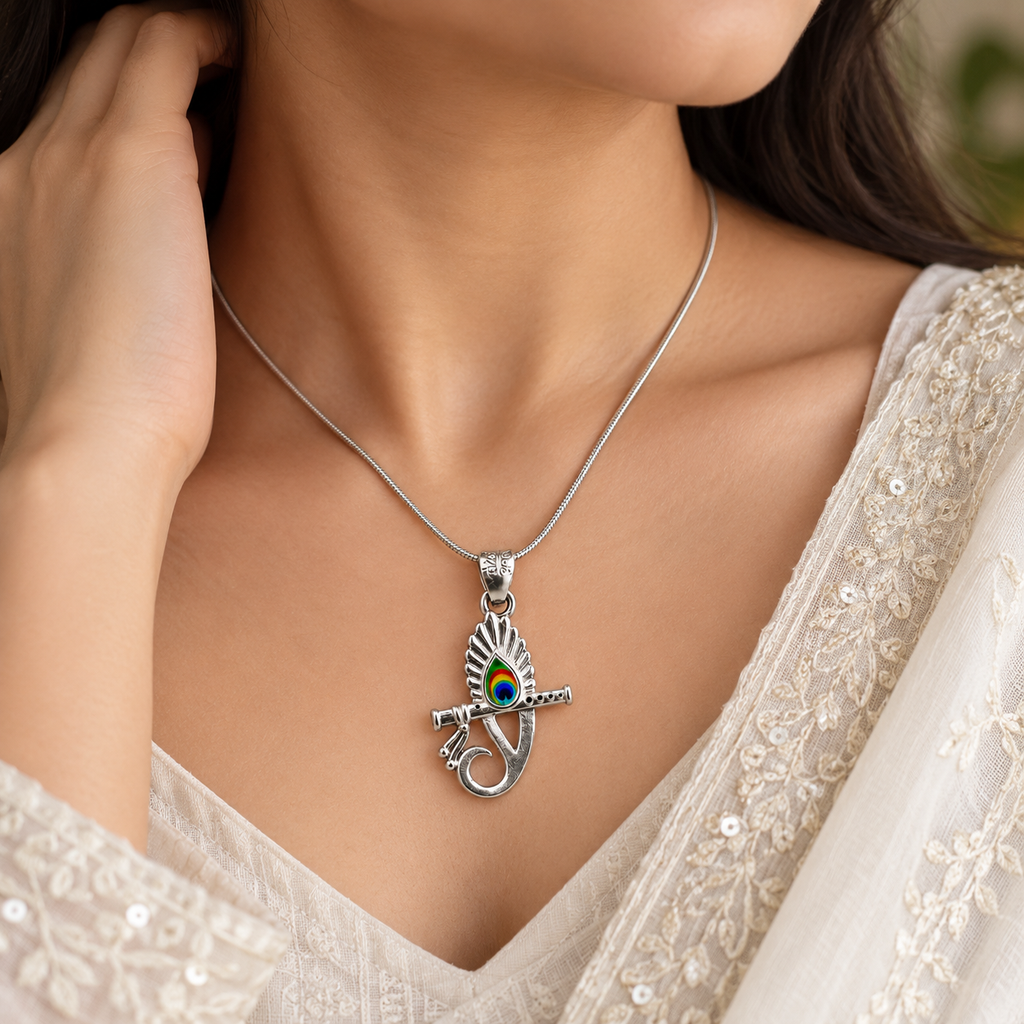Divine Peacock Flute Silver Pendant Necklace – Meaningful Gift for Everyday Wear